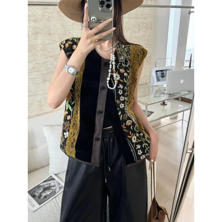 SP 重工刺绣拼蕾丝无袖外套马甲女 超美异域时髦美马甲