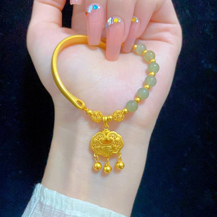 黄金平安锁半镯黄金手链足金999纯金半镯半链经典长命锁女生礼物