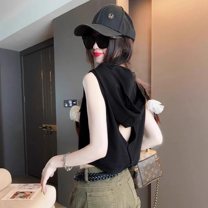 设计感小众时尚连帽无袖T恤女装2025年夏季新款显瘦百搭短款上衣