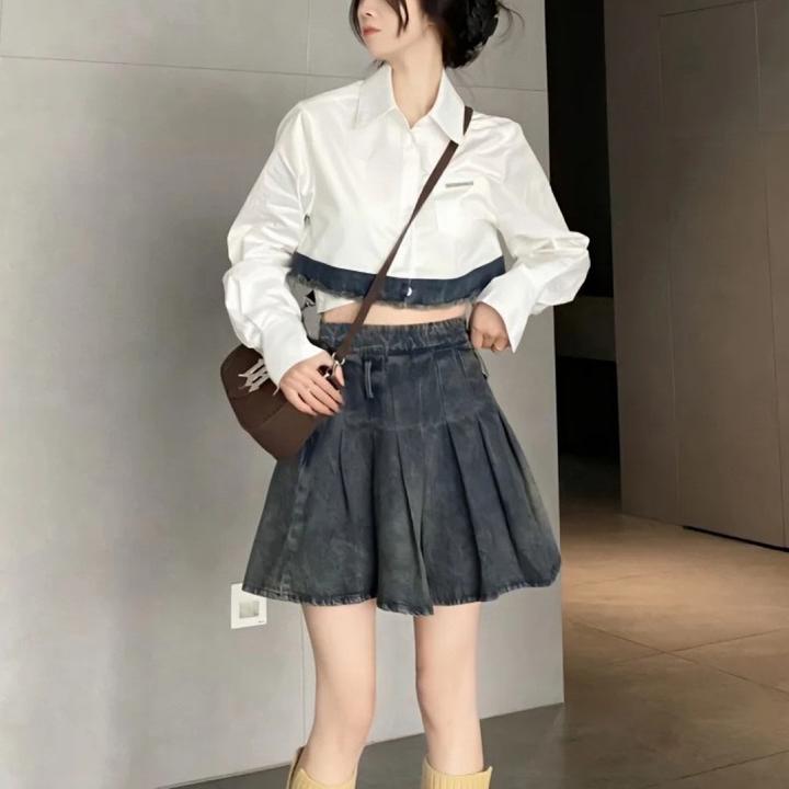 小众时尚两件套装新款假两件清新超仙轻奢上衣衬衣水洗牛仔半身裙