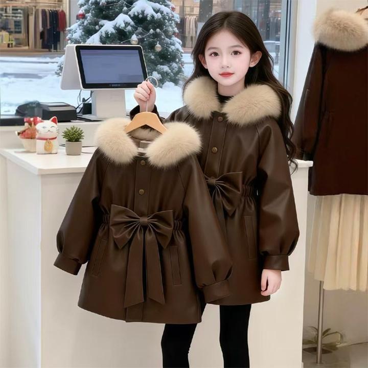 女童冬季猫耳加绒大衣2025新款加厚蝴蝶结免洗派克服PU毛毛衣外套