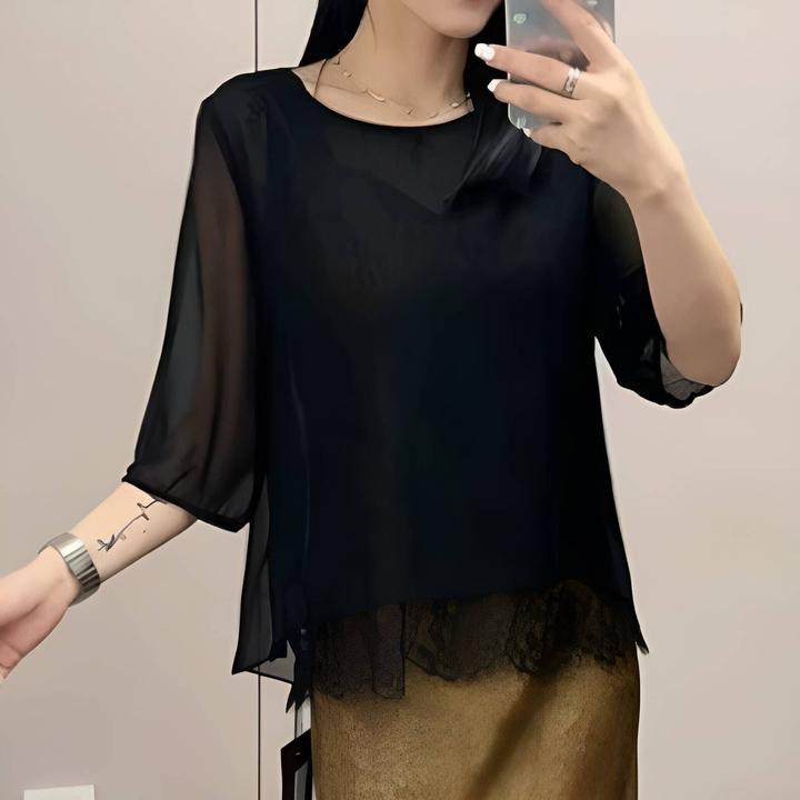 黑色圆领雪纺夏季七分袖设计感罩衫气质时尚洋气大码遮肚显瘦上衣