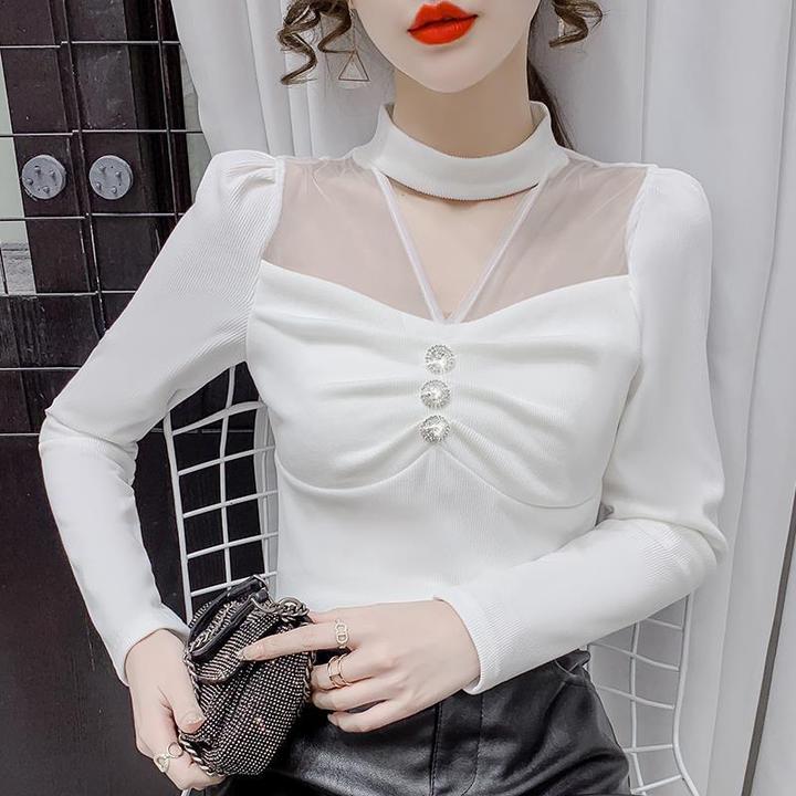 春秋季洋气白色T恤打底衫女内搭设计感小众泡泡长袖白色别致上衣