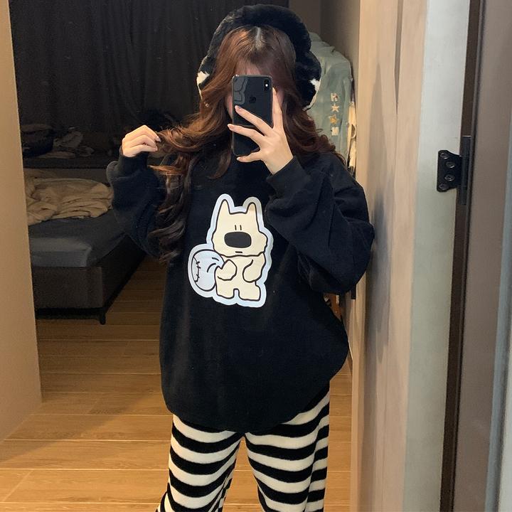 睡衣女秋冬季珊瑚绒加厚大码小狗套装可外穿米粒绒冬天保暖家居服