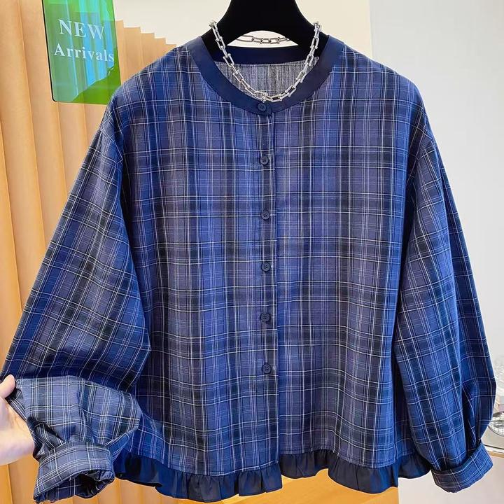 韩系蓝色格子衬衫女2025年新款秋季宽松休闲圆领木耳边超好看上衣
