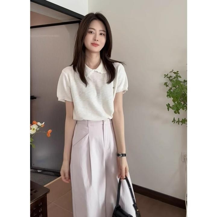 法式翻领针织衫白色短袖女t恤2025新款夏季小个子独特超好看上衣