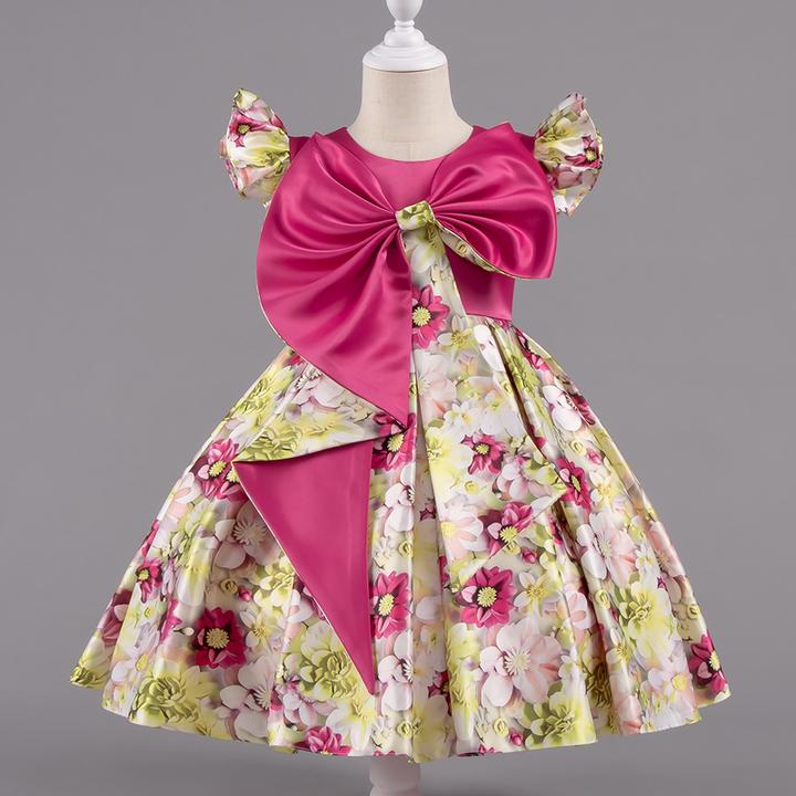 女童2025夏季新品休闲印花蝴蝶结连衣裙欧美儿童服装裙子时尚洋气