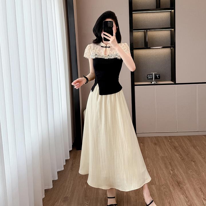 夏新款新中式气质蕾丝拼接开叉上衣休闲高腰显瘦A字半身裙两件套