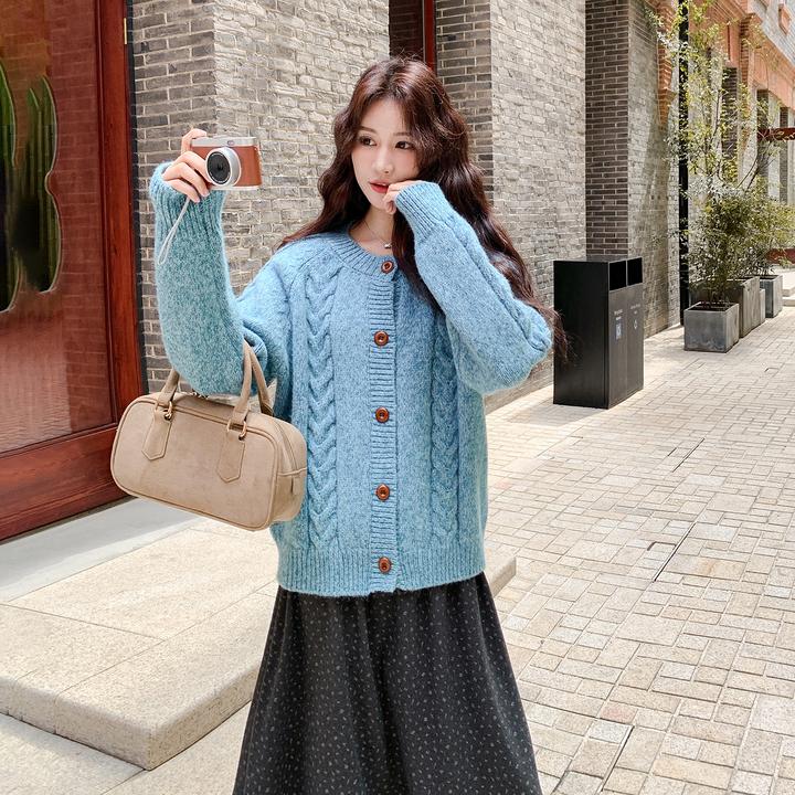 蓝色复古慵懒风针织开衫半身裙套装女2025秋季新款小众气质两件套