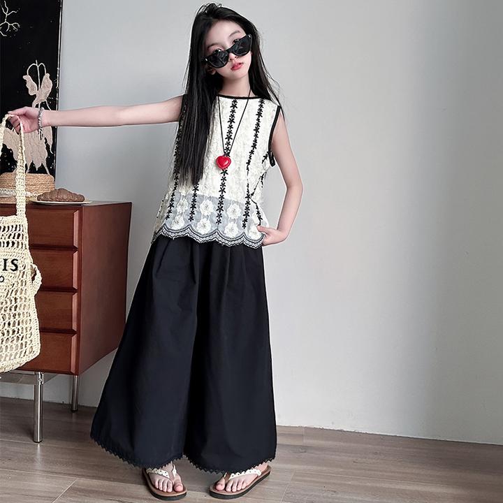 女童套装夏季2025新款洋气大童薄款裙裤宽松阔腿裤儿童背心三件套