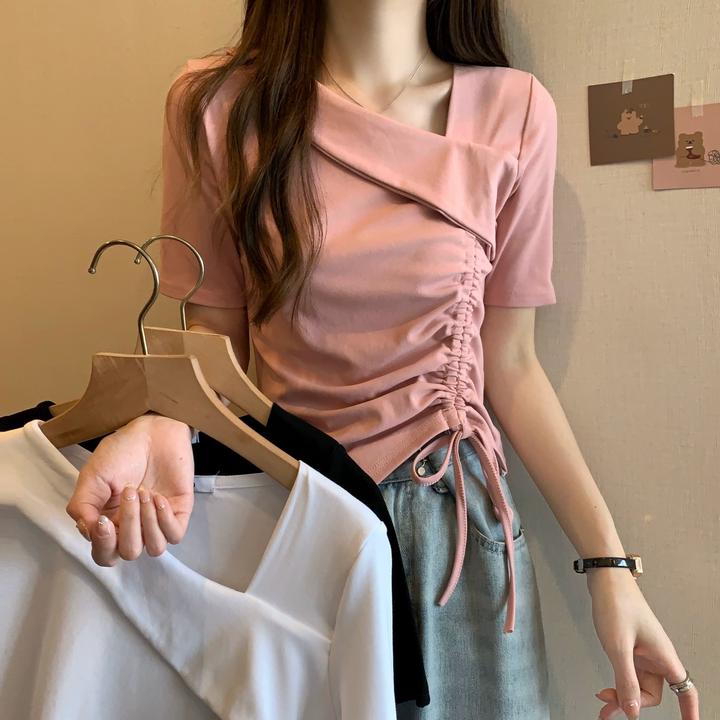 不规则抽绳短袖T恤女2025夏季新款设计感美式辣妹V领正肩短款上衣