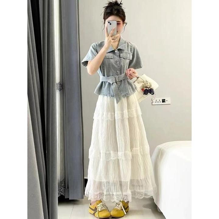 法式设计感牛仔衬衫绑带上衣女韩版时尚显瘦半身裙网纱裙子两件套