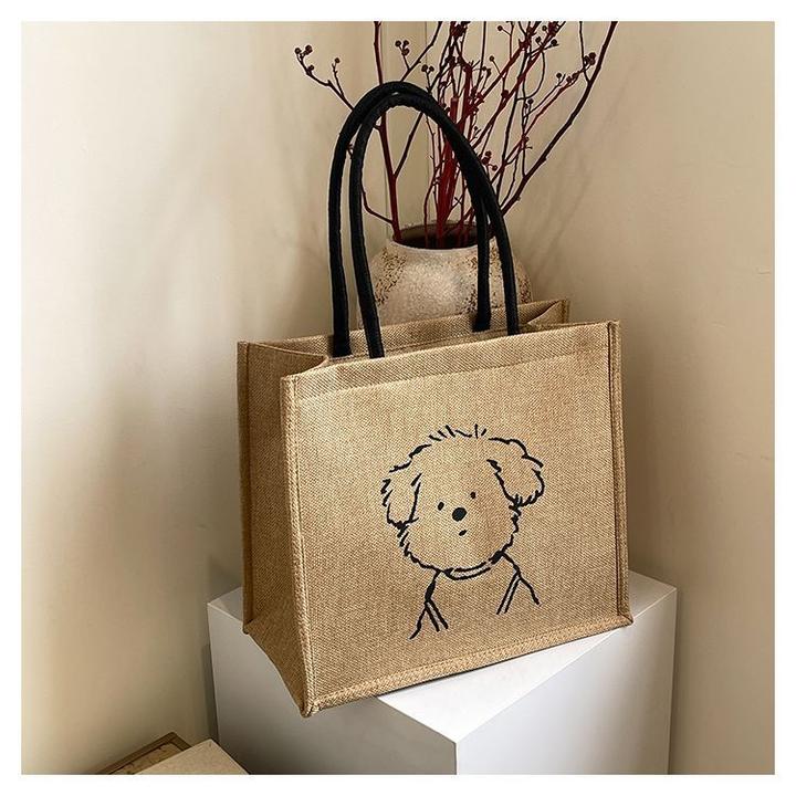 简约编织布包便携ins上班手提式学生卡通拉链手提包单肩包撞色