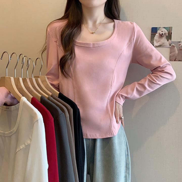 纯欲风时尚纯色长袖T恤女秋季大码微胖mm显瘦内搭正肩上衣打底衫