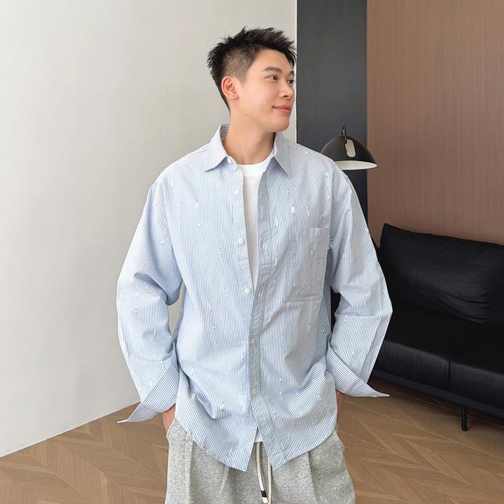 朱渣渣韩风潮流磨破条纹休闲长袖纯棉衬衫男ins百搭宽松外套春秋