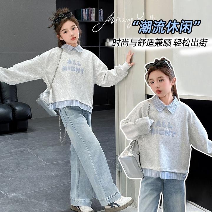 女童秋装初中女孩字母休闲卫衣学院风POLO衫春秋款时尚假两件上衣