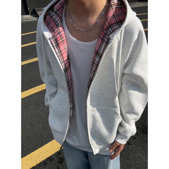 420g重磅花灰色情侣卫衣男女连帽早秋oversize拼接格子慵懒风外套