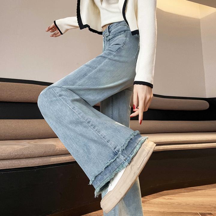 浅色微喇牛仔裤女春秋款小个子高腰显瘦窄版阔腿拖地拼接喇叭裤子