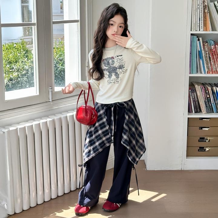 韩国童装女童阔腿裤套装2025新款儿童洋气长袖格子屁帘裤套装秋装