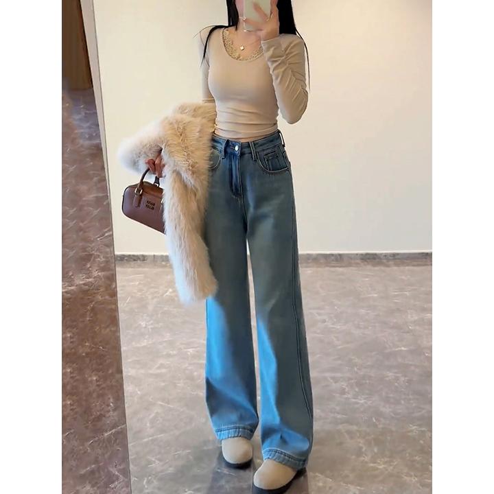 美思源阔腿牛仔裤女宽松直筒裤春季2025新款垂感高腰显瘦拖地裤子