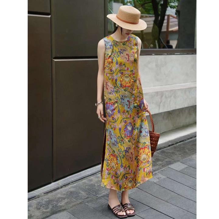 2025夏季新款新中式国风复古印花旗袍背心连衣裙优雅名媛女士长裙