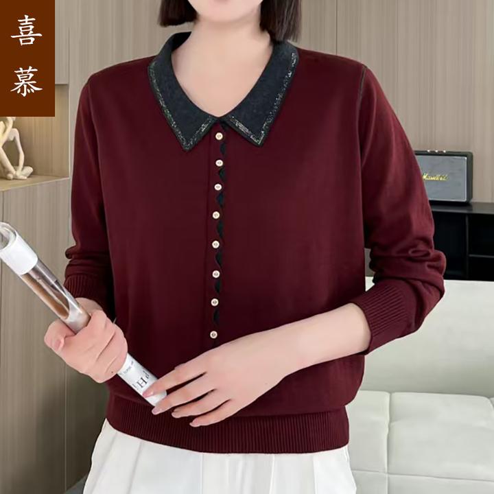 时尚洋气妈妈装针织衫女秋装新款上衣时尚翻领2025年中老年小衫