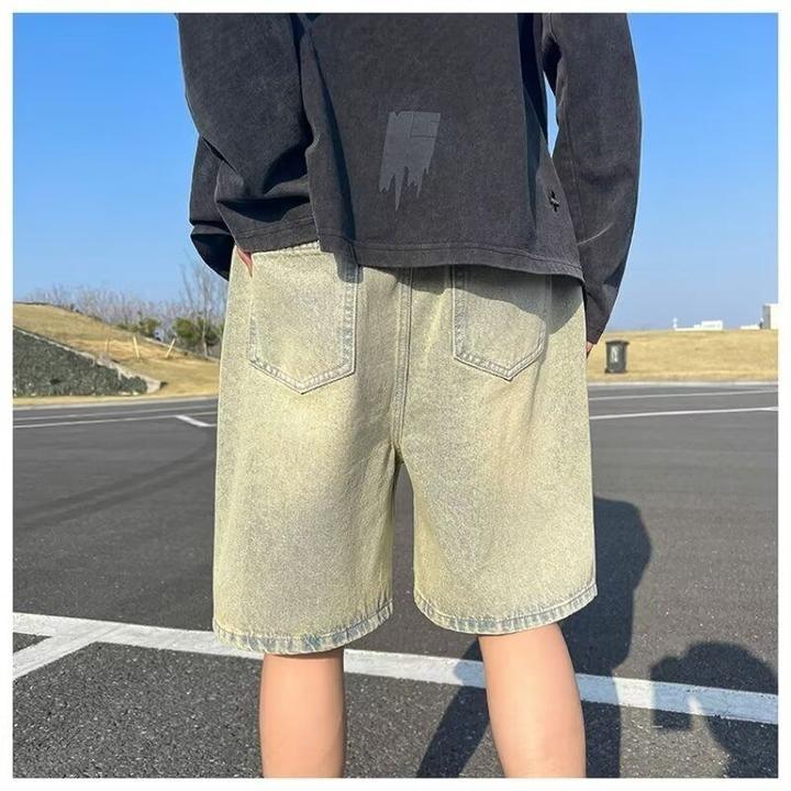 简约风黄泥美式复古潮牌牛仔短裤夏季薄款外穿大裤衩潮流五分半截