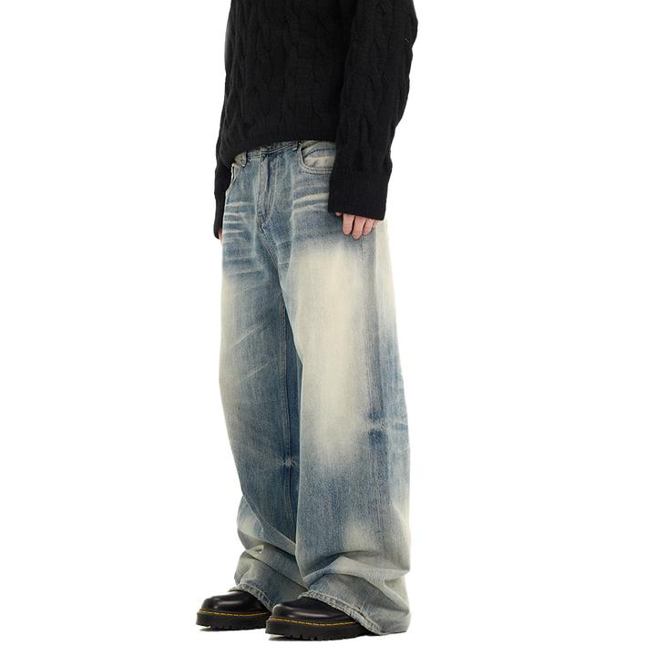重磅05蓝战斗牛王vintage水洗做旧A字版型宽松直筒牛仔裤cleanfit