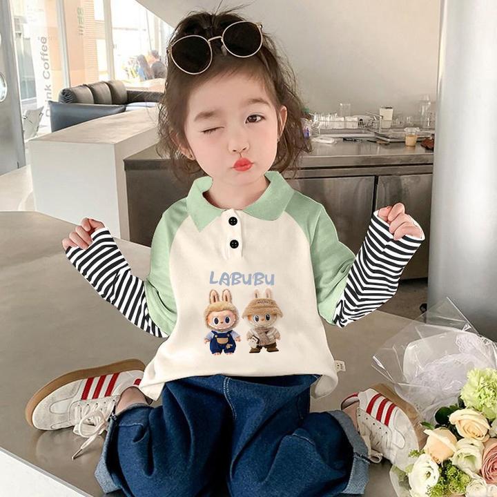 2025春秋季新款长袖拼接T恤女童拉布布长袖t恤宝宝打底衫秋季翻领