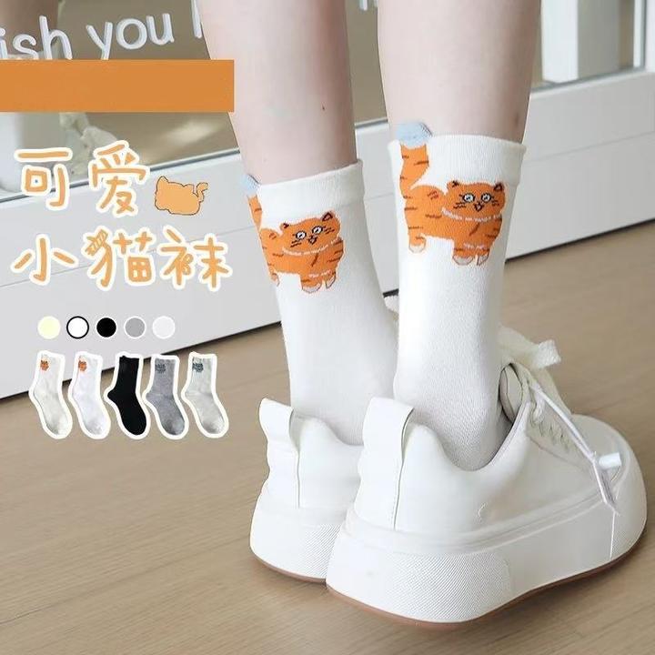 秋季抗起球后跟立体小猫袜子女中筒袜可爱卡通棉袜堆堆袜日系韩版