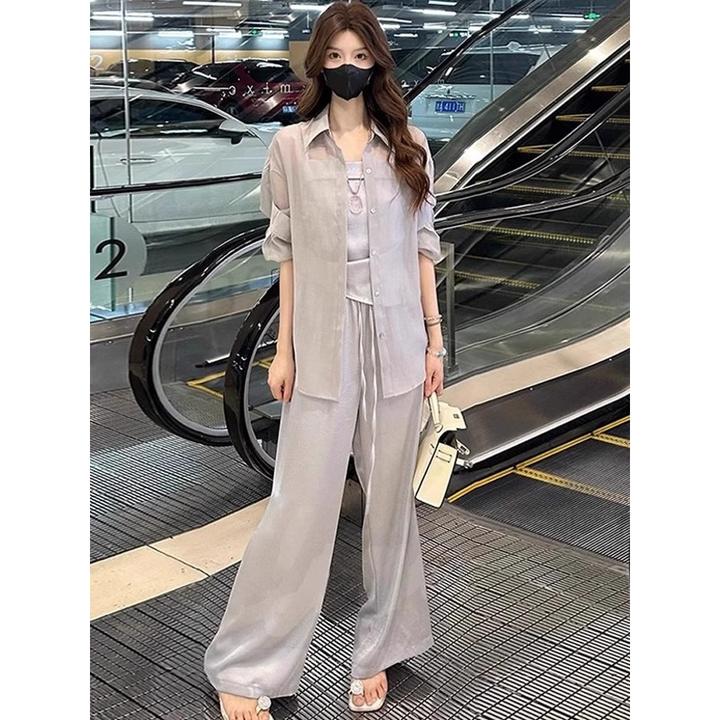 冰丝时尚套装女2025夏季新款时髦洋气吊带防晒衬衫阔腿裤三件套潮