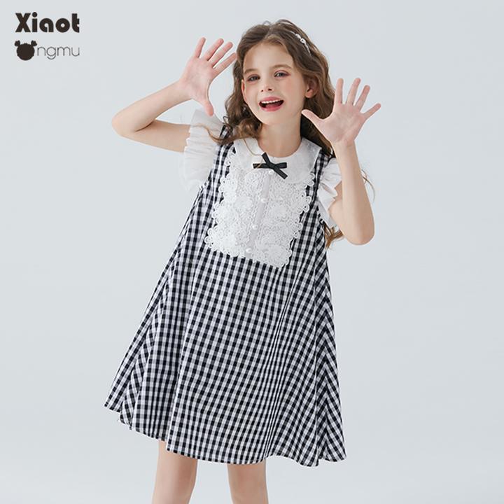 小童木 经典黑白格女童连衣裙2025新款洋气纯棉中大童蕾丝公主裙