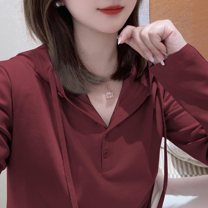 连帽长袖t恤春秋新款纯棉文艺百搭女士休闲显瘦大码宽松上衣时尚
