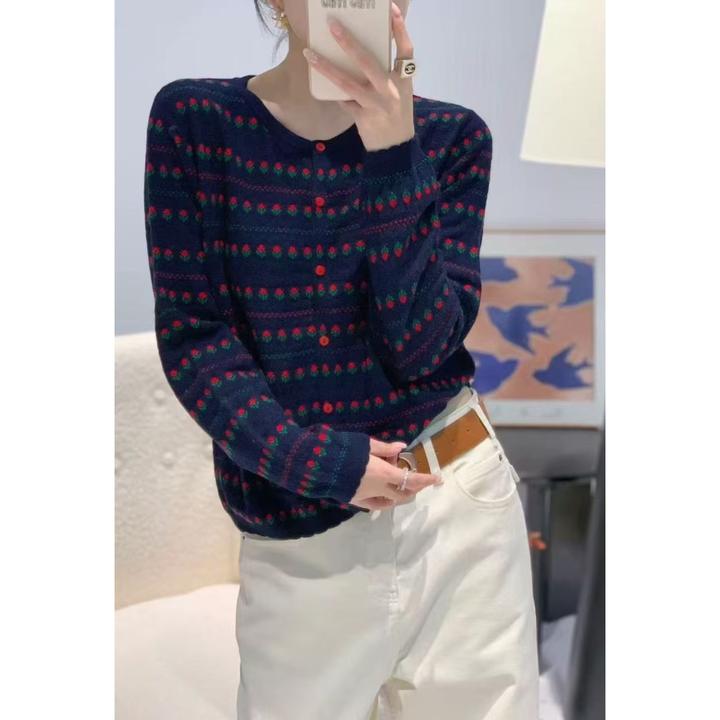 3111小玫瑰长袖打底针织开衫女春秋款大码上衣显瘦百搭秋季圆领