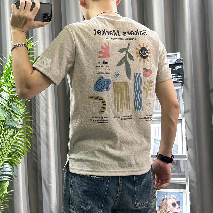 牛津麻棉短袖t恤男夏薄款青年修身上衣卡通印花男士休闲半袖体恤