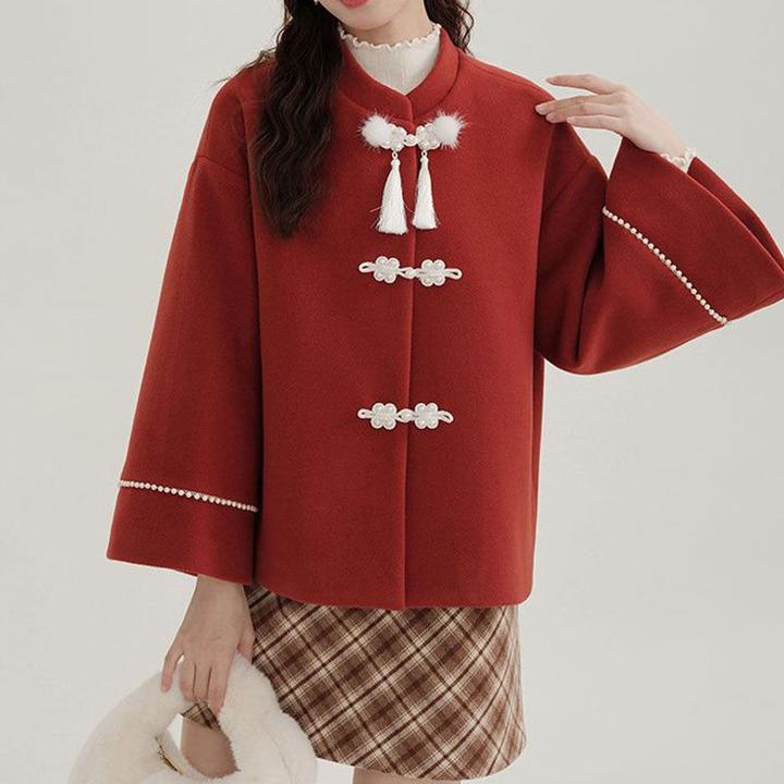 汉元素改良气质国风新中式长袖上衣秋冬新款复古时尚休闲红色大衣