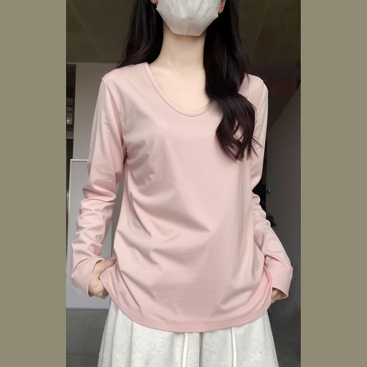 (有运险 ,92棉 ）U领宽松长袖T恤女早秋慵懒风百搭纯色半袖棉外穿