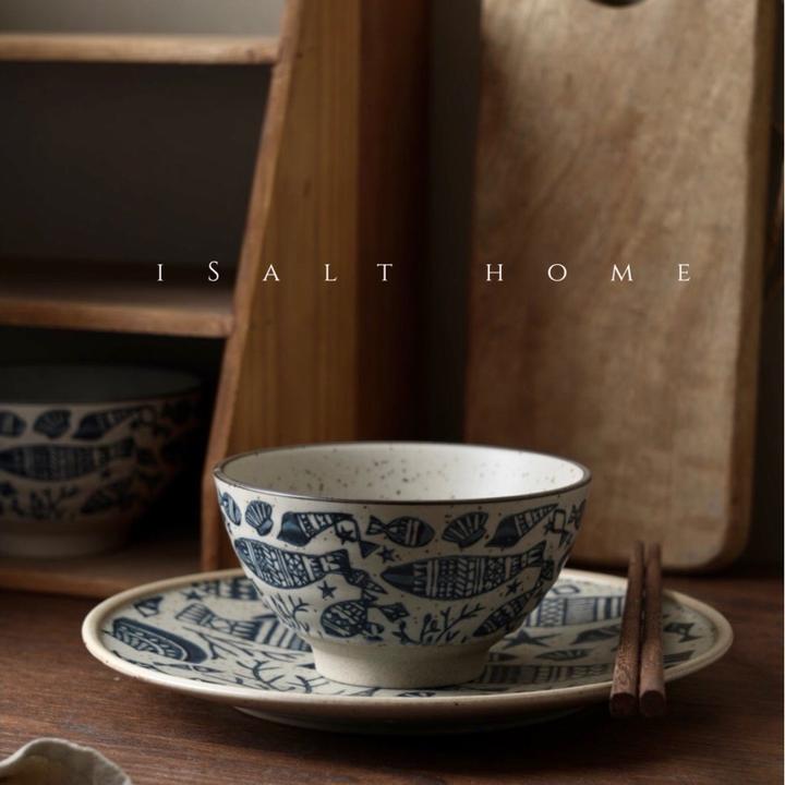 手作海底世界系列.手绘粗陶青花碗盘早餐盘家用菜盘米饭碗/出丹麦