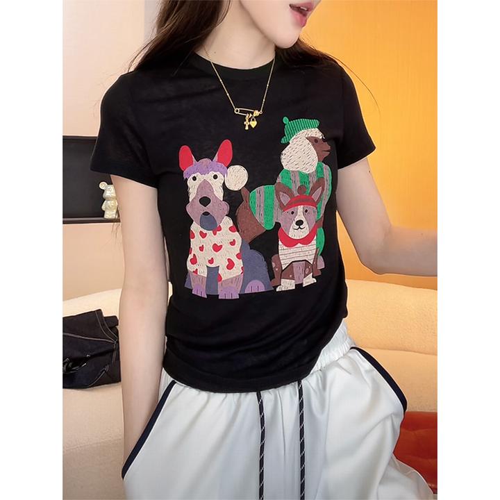 韩版设计感卡通印花短袖T恤女夏季2025新款小个子气质百搭ins上衣