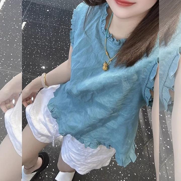 韩系温柔风木拼接无袖背心夏季新款简风休闲气质百搭上衣小众