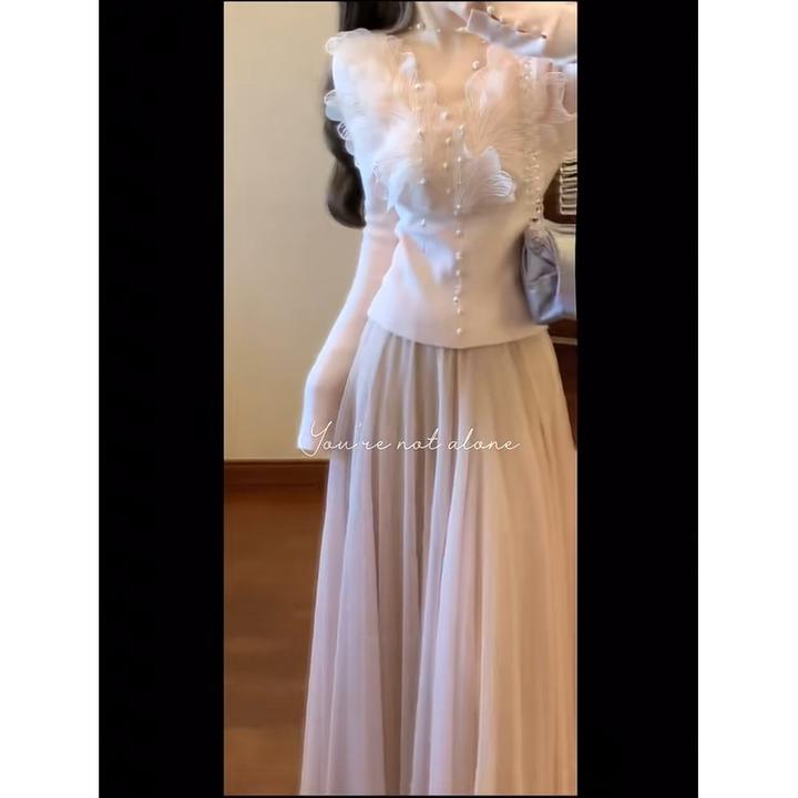 时尚重工刺绣V领排扣设计名媛显瘦百搭毛针织衫女装网纱半身裙子