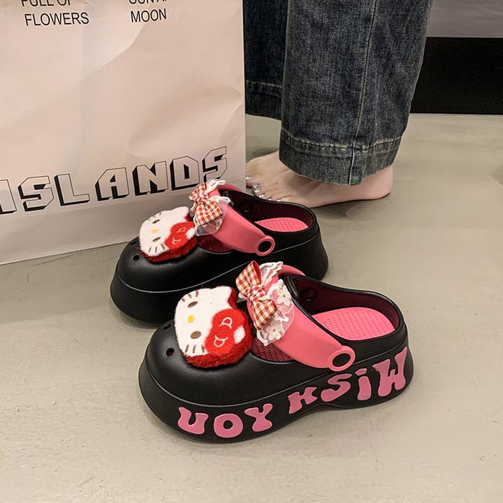 可爱KT猫厚底增高凉拖鞋女夏季外穿轻便包头拖个性卡通字母洞洞鞋
