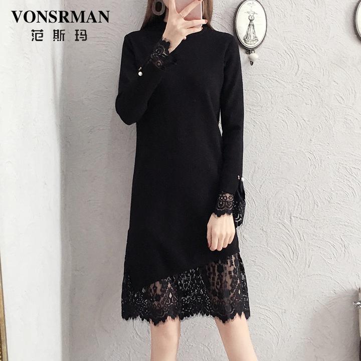 直筒蕾丝拼接连衣裙女2025秋冬新款时尚高级感气质显瘦打底中长裙