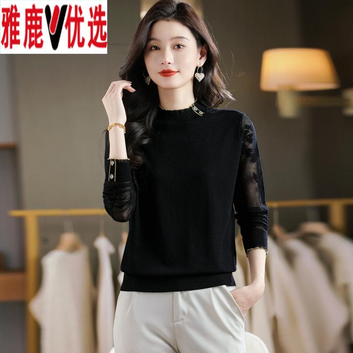 雅鹿优选半高领蕾丝打底衫女士春装2025年新款内搭上衣针织衫灰色