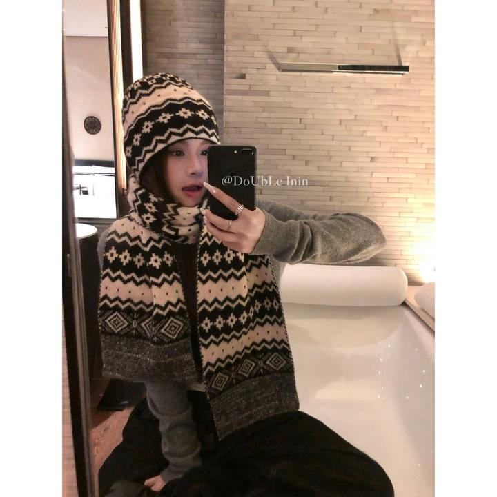 【保暖两件套】韩系费尔岛包头冷帽堆堆帽冬季长款围巾保暖围脖