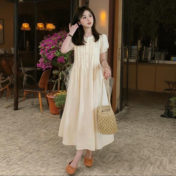 孕妇装夏季小个子圆领气质中长裙2025新款宽松遮肚韩版简约连衣裙