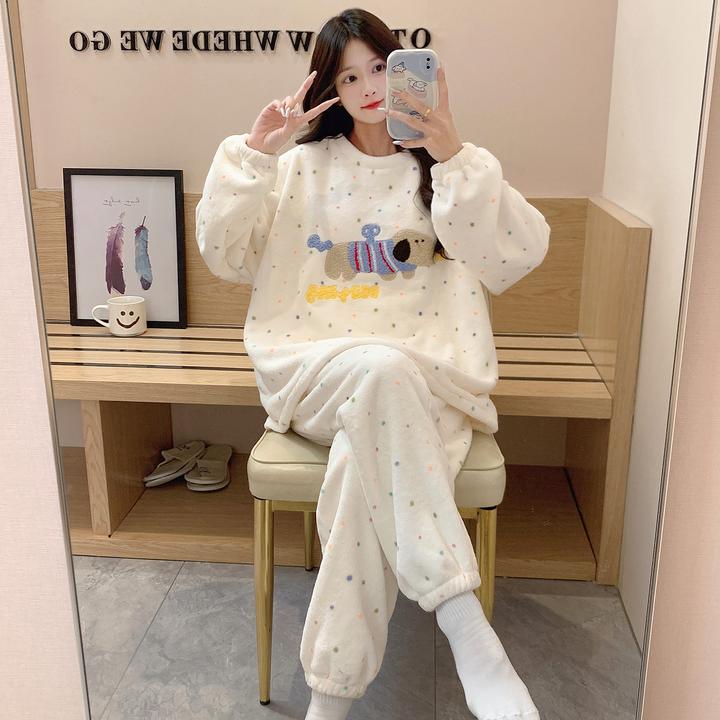 珊瑚绒睡衣女秋冬加厚保暖长袖卡通可爱冬季可外穿女士家居服套装