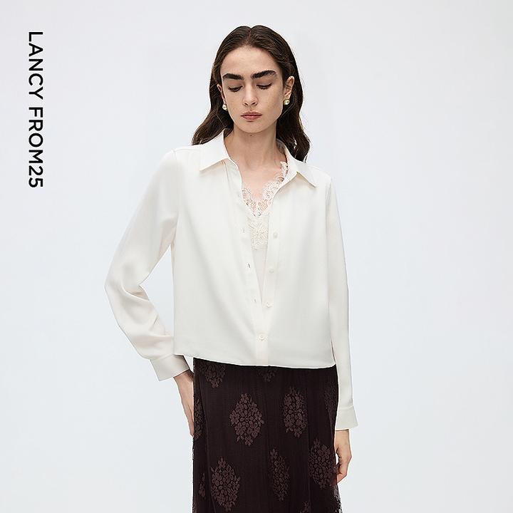 朗姿醋酸蕾丝拼接设计感宽松衬衫通勤气质别致上衣2025年秋季新款