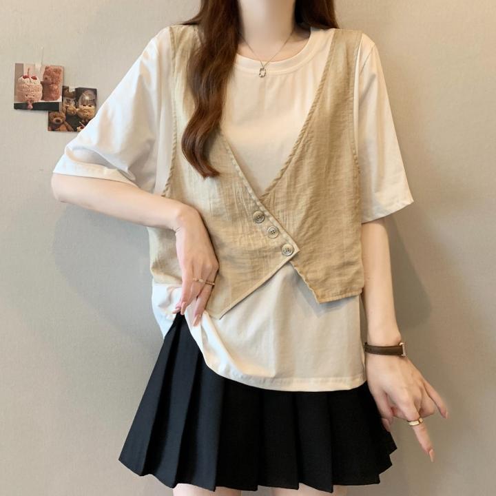 大码设计感假两件短袖T恤女夏季新款微胖MM宽松显瘦百搭洋气上衣