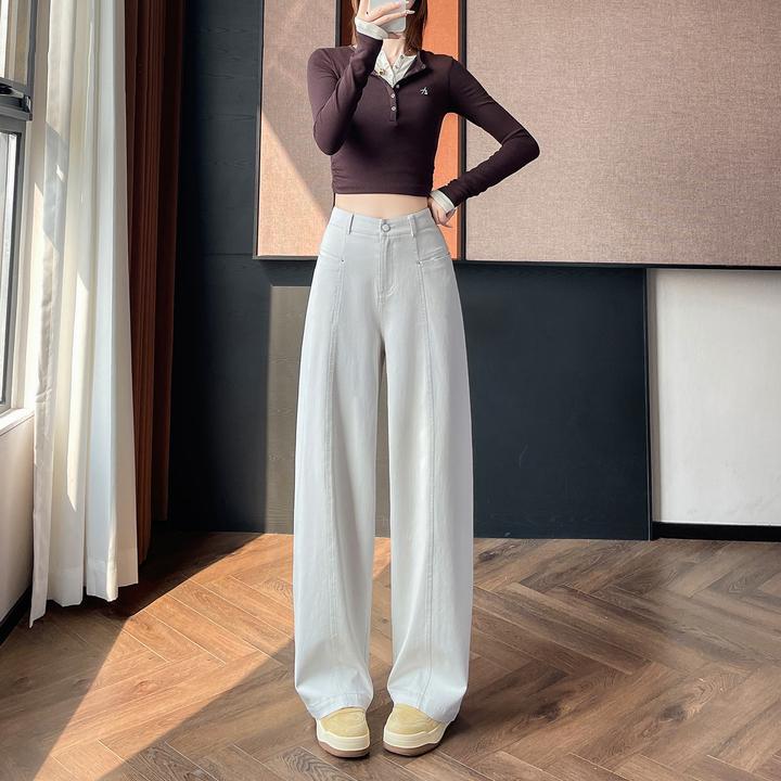 米灰色阔腿牛仔裤女春秋2025新款高腰垂感设计感显瘦香蕉弯刀裤子